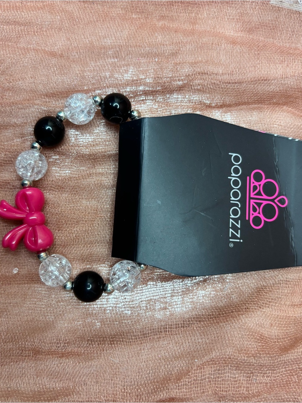 paparazzi Pink Bow Bracelet with Black and Clear Beads